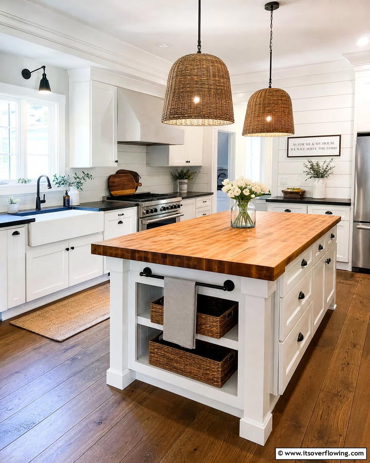 Cozy Farmhouse Style with Butcher Block Island - 20 Kitchen Ideas with Dark Countertops and Light Cabinets