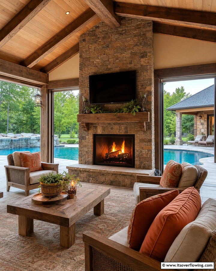 Cozy Fireplace Addition - 20 Rustic Pool House Ideas for a Charming Retreat
