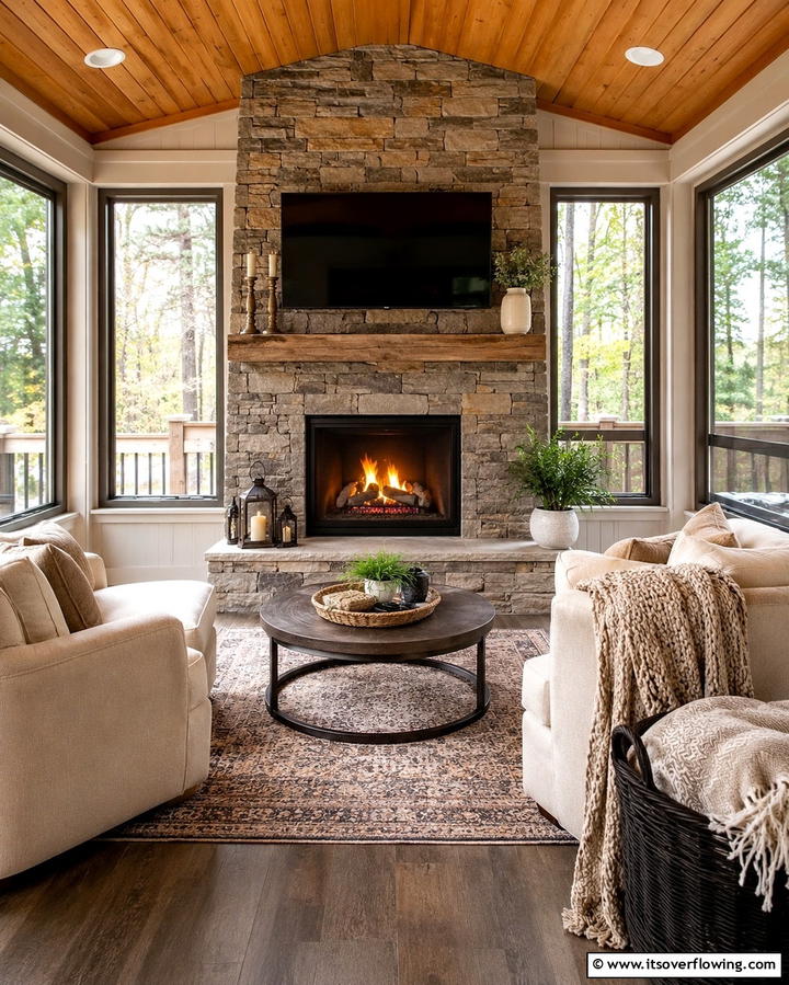 Cozy Fireplace AdditionExact - 25 Three Season Porch Ideas for Year-Round Enjoyment