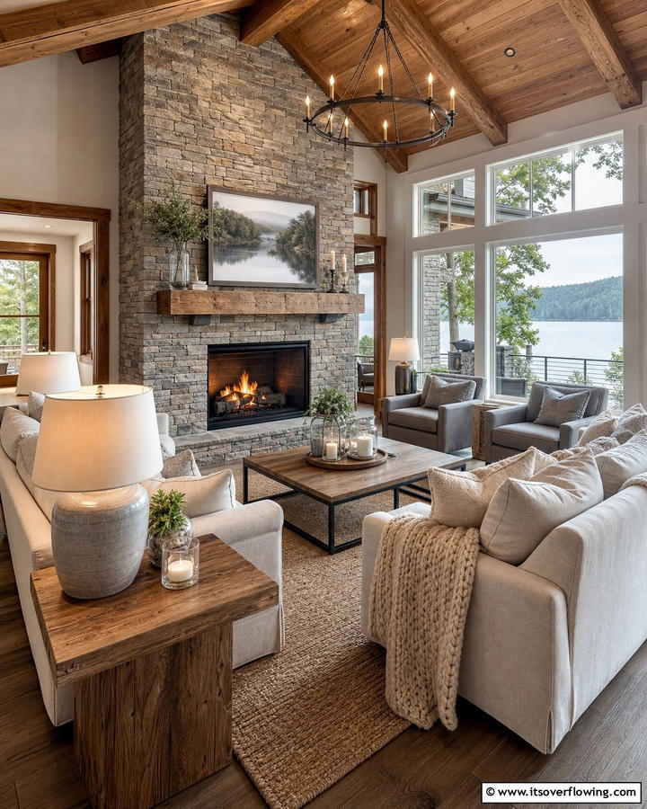 Cozy Fireplace Ambiance - 21 Lake House Decorating Ideas for Serene Waterfront Vibes