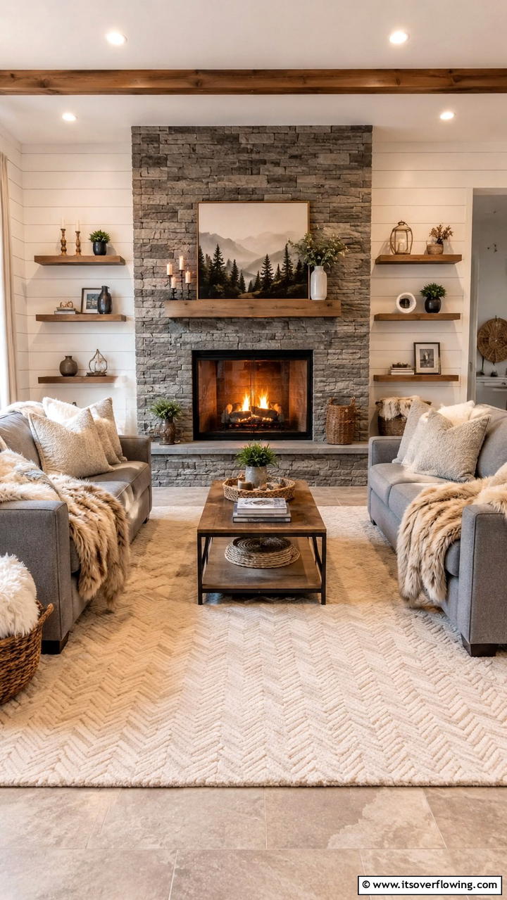 Cozy Fireplace Focus - 30 Grey and Beige Living Room Ideas- Warm Minimalist Designs
