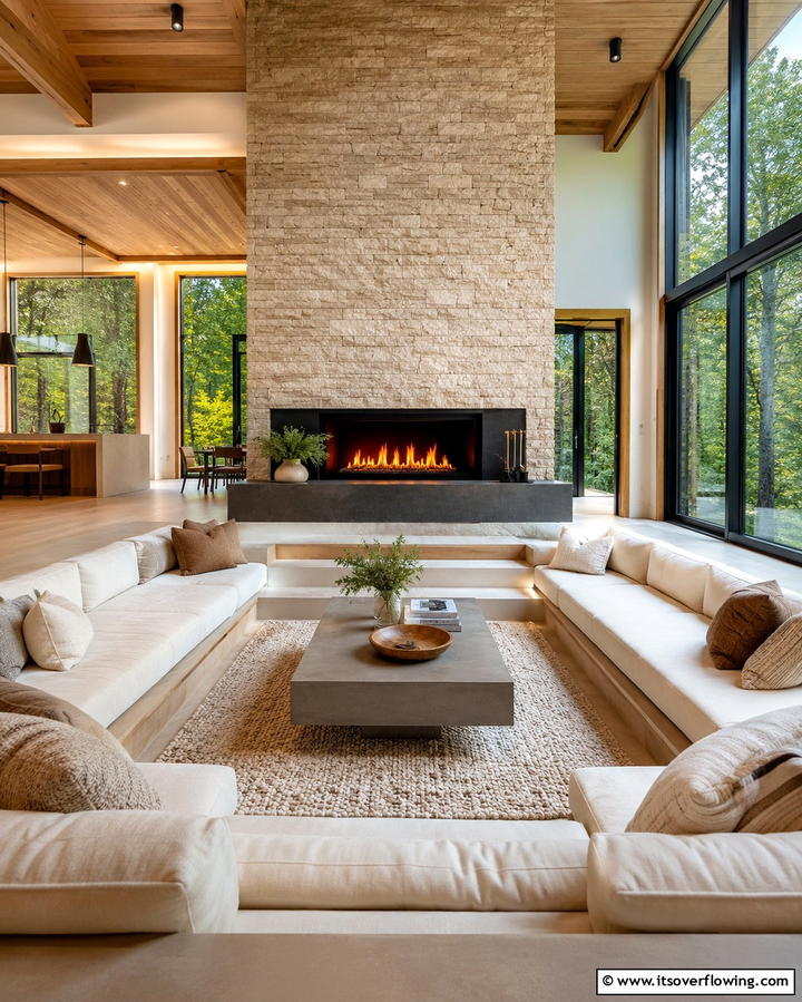 Cozy Fireplace Focus - 25 Sunken Living Room Ideas for a Modern and Cozy Space