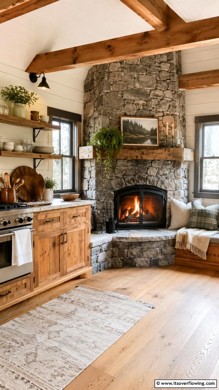 Cozy Fireplace Kitchen Corner - 30 Cabin Kitchen Ideas- Rustic and Cozy Cooking Spaces