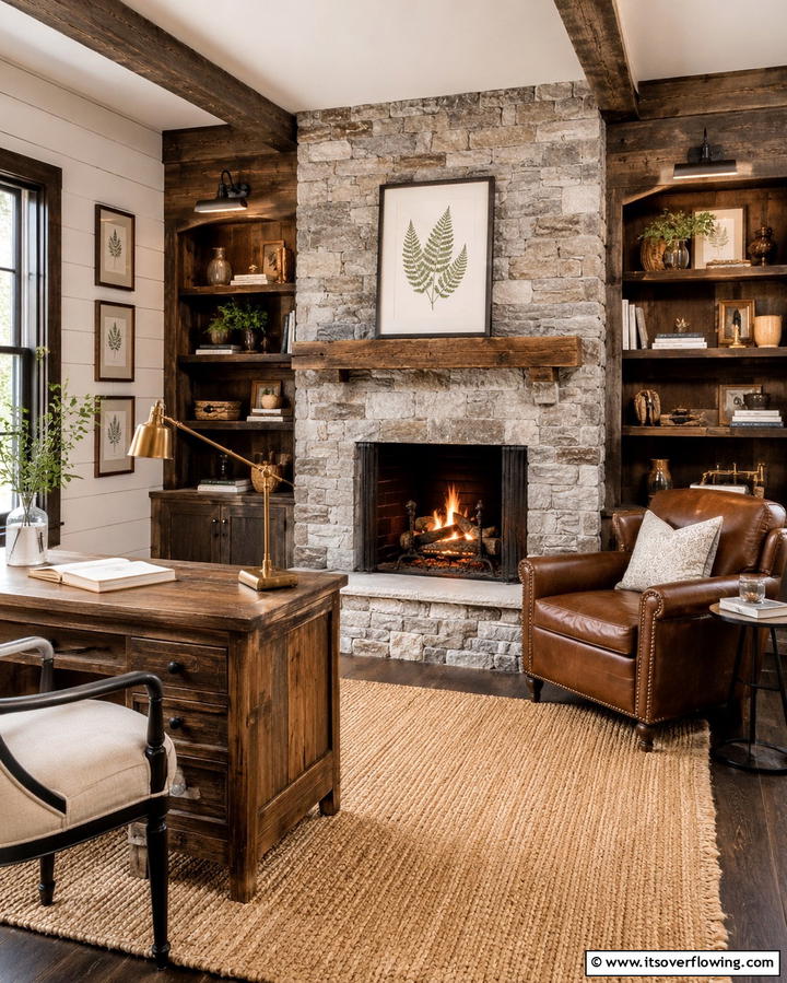Cozy Fireplace Nook - 30 Rustic Home Office Ideas for a Cozy Workspace