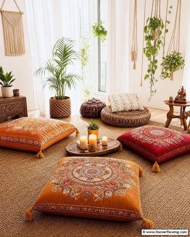 Cozy Floor Cushions for Relaxation - 20 Boho Meditation Room Ideas- Tranquil Retreats