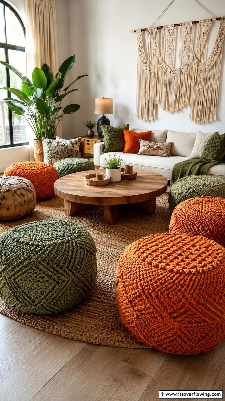 Cozy Green and Orange Textured Poufs - 30 Green and Orange Living Room Ideas for Bold Style