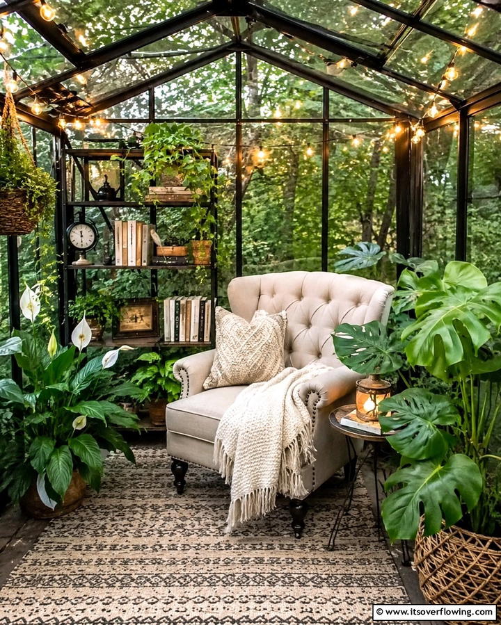 Cozy Greenhouse Reading Nook - 25 Greenhouse Room Ideas for a Plant Lover’s Paradise