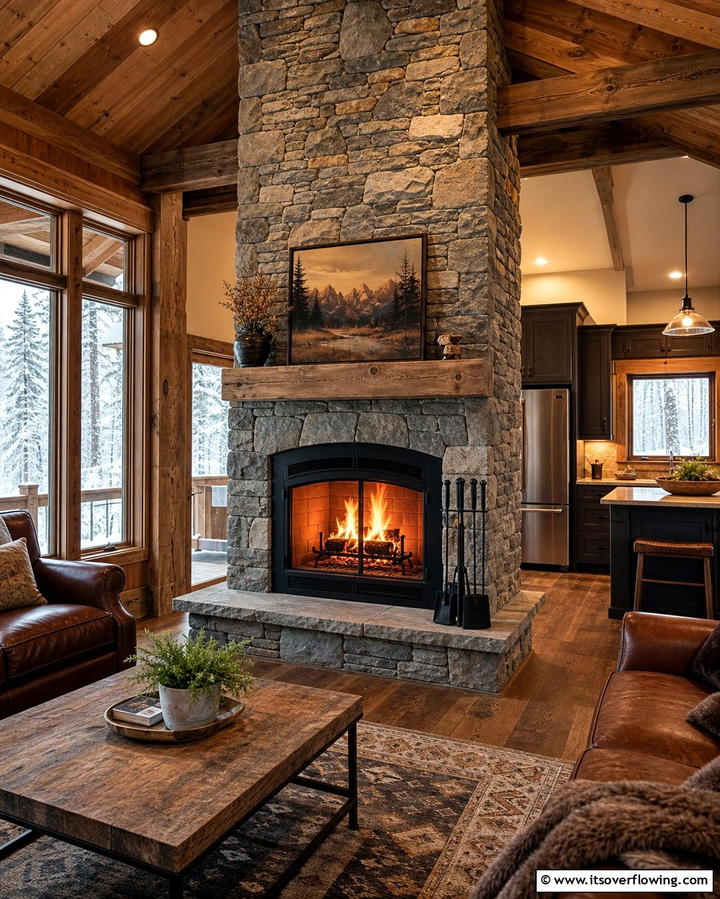 Cozy Indoor Fireplace - 25 One Room Cabin Interior Design Ideas for a Cozy Retreat