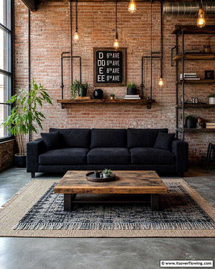 Cozy Industrial Vibe with Black Sofa - 21 Chic Black Couch Living Room Styling Inspirations