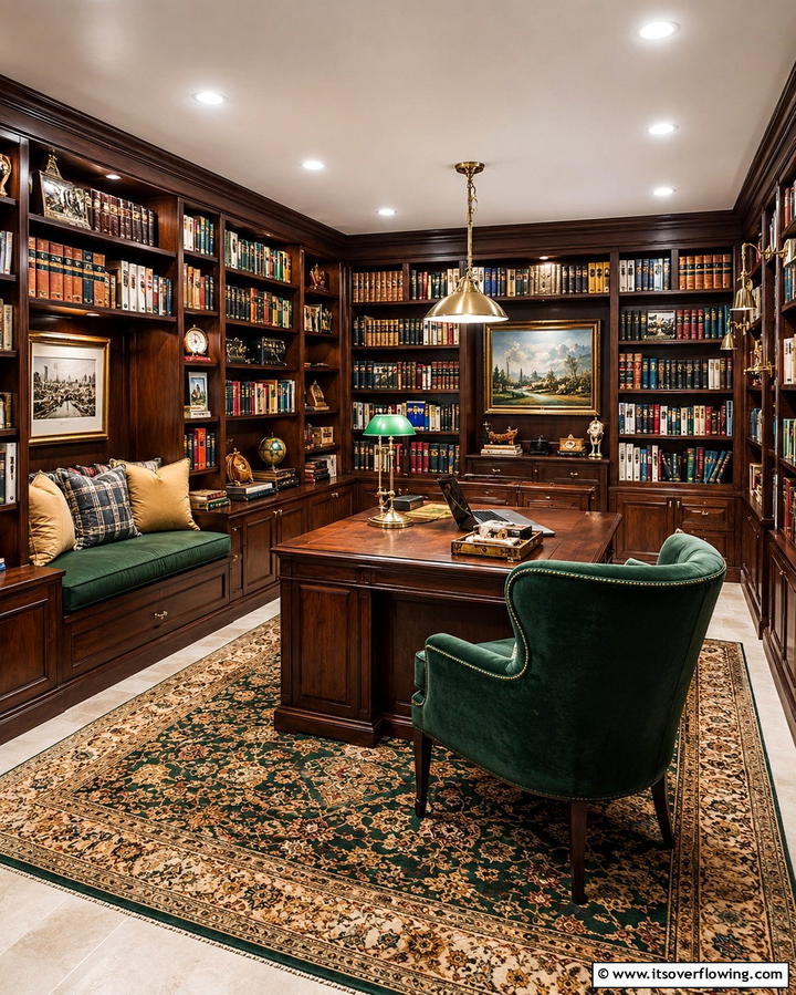 Cozy Library Inspired Workspace - 30 Basement Office Ideas for Productive Below-Ground Workspaces