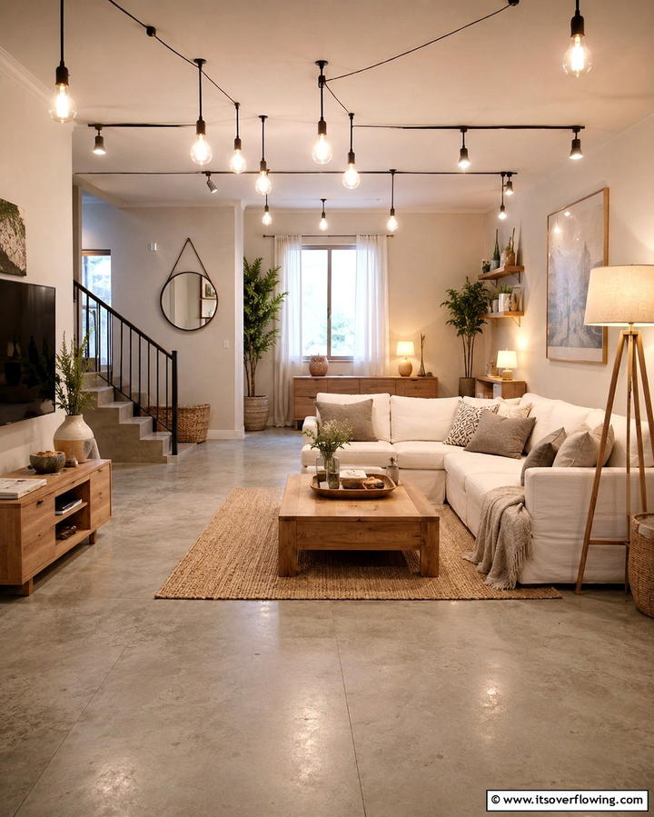 Cozy Lighting Accents - 25 Rustic Concrete Floor Living Room Ideas for Style
