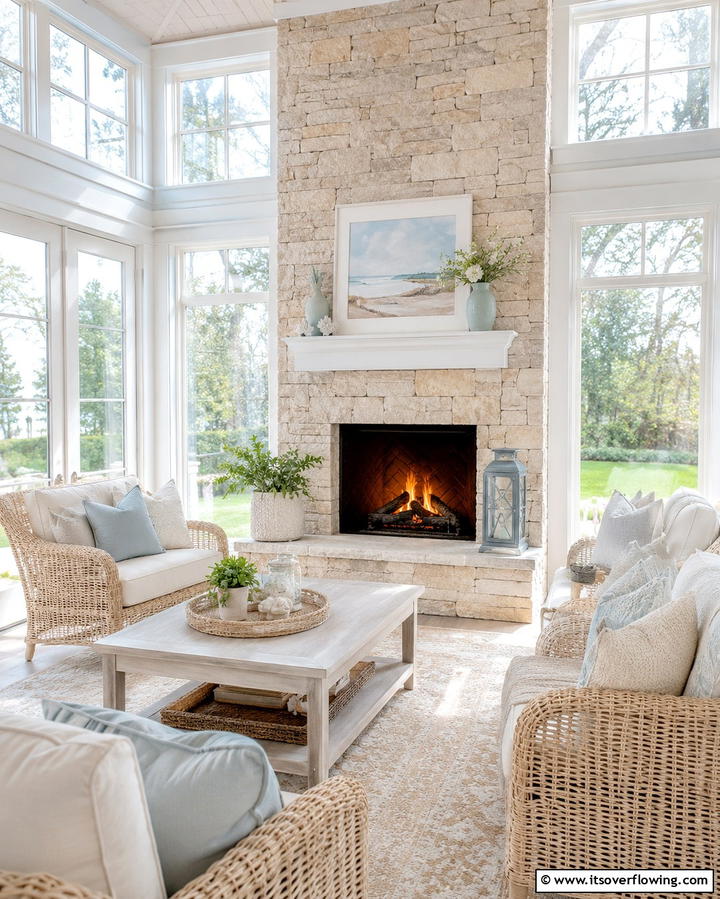 Cozy Limestone Warmth - 25 Floor-to-Ceiling Stone Fireplace Ideas for Cozy Homes