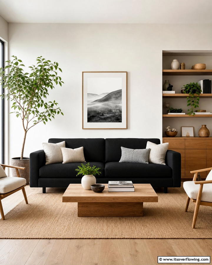 Cozy Minimalism - 21 Living Room Ideas With Black Couches- Modern Style