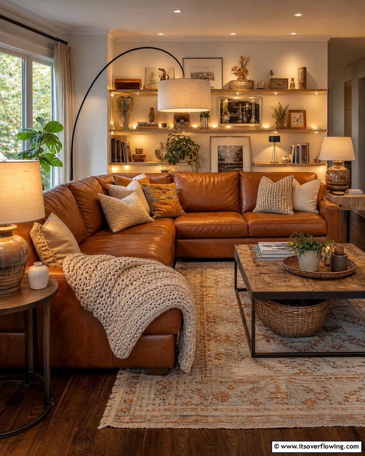 Cozy Nook with Layered Lighting - 25 Brown Leather Couch Living Room Ideas