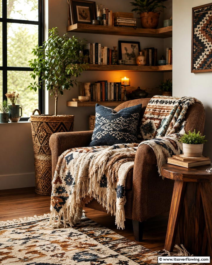 Cozy Nooks with Throw Blankets - 25 Moody Boho Living Room Ideas for a Cozy Vibe