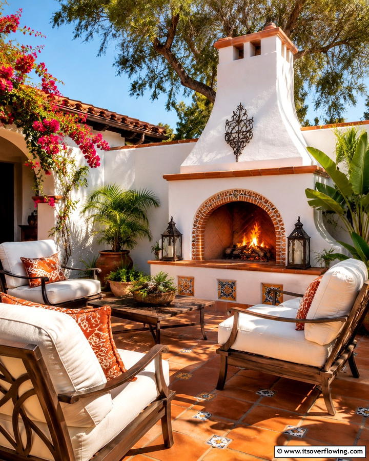 Cozy Outdoor Fireplace - 25 Spanish Courtyard Ideas for a Mediterranean Oasis