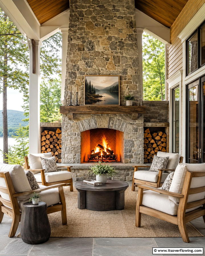 Cozy Outdoor Fireplace - 25 Farmhouse Porch Ideas for a Cozy Outdoor Retreat