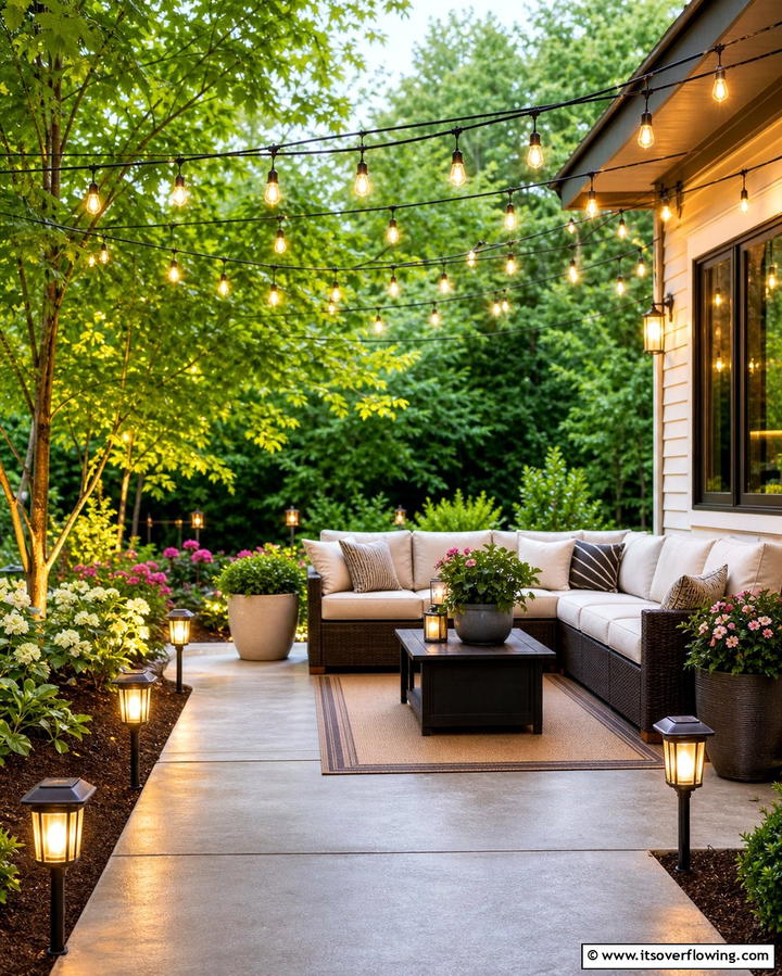 Cozy Patio Lighting - 25 Concrete Patio Ideas on a Budget for Affordable Style