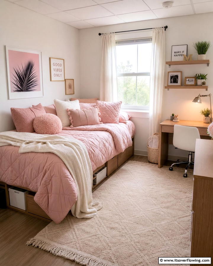 Cozy Pink Bedding Set - 20 Pink Dorm Room Ideas for a Cozy College Space
