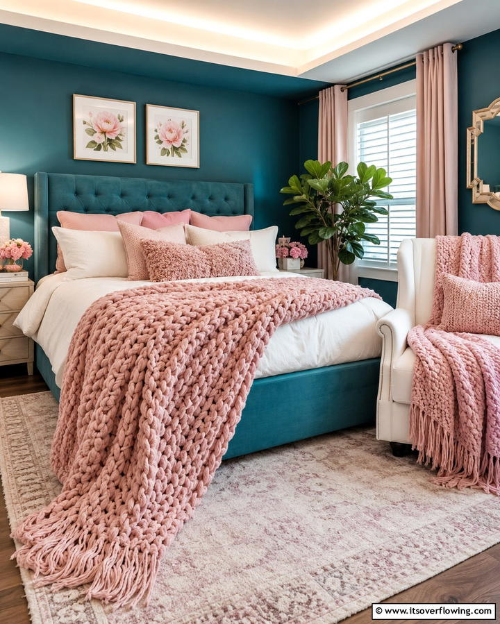 Cozy Pink Textured Throws - 30 Teal and Pink Bedroom Ideas for Bold Modern Design