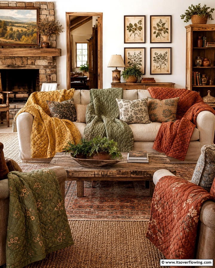 Cozy Quilted Throw Accents - 30 Small Rustic Living Room Ideas for Cozy Charm