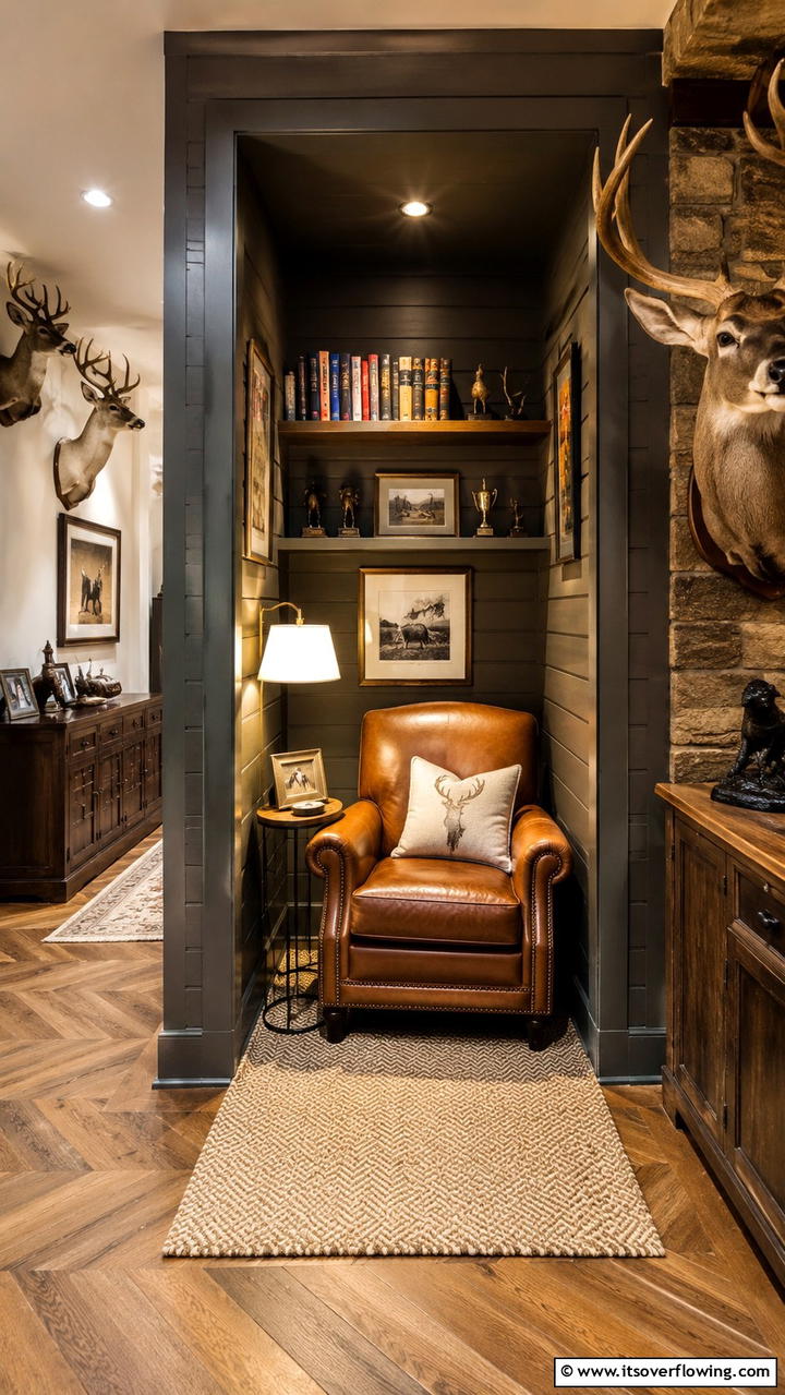 Cozy Reading Nook - 30 Hunting Trophy Room Ideas for Rustic Decor