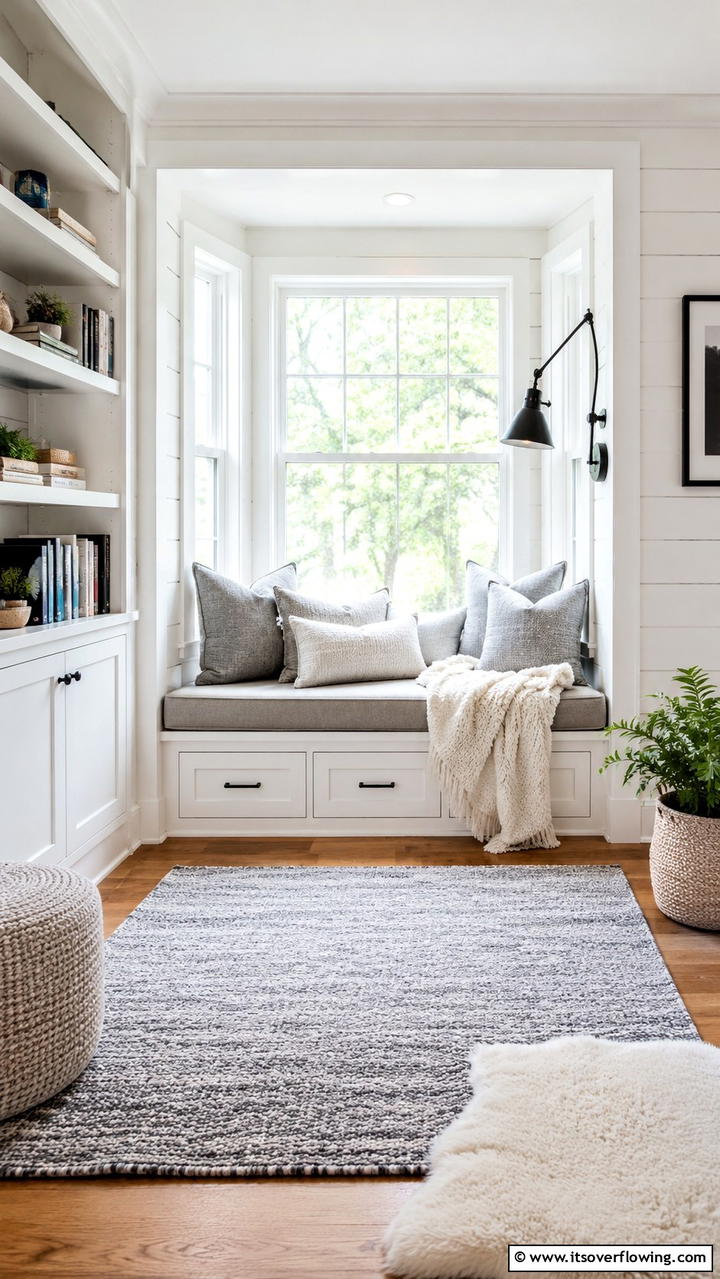 Cozy Reading Nook Charm - 30 Grey and White House Interior Ideas- Minimalist Elegance