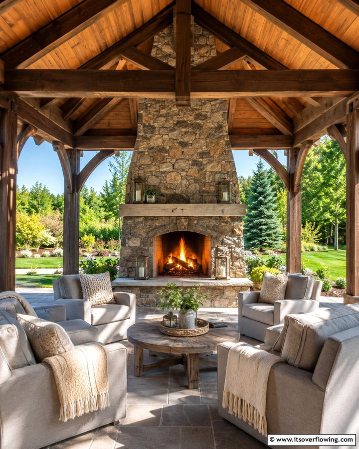 Cozy Retreat with a Stone Fireplace - 25 Gazebo With Fireplace Ideas for Cozy Outdoor Nights