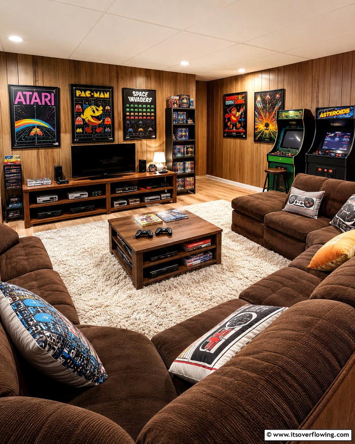 Cozy Retro Game Den - 30 Fun Basement Game Room Ideas for Family Entertainment