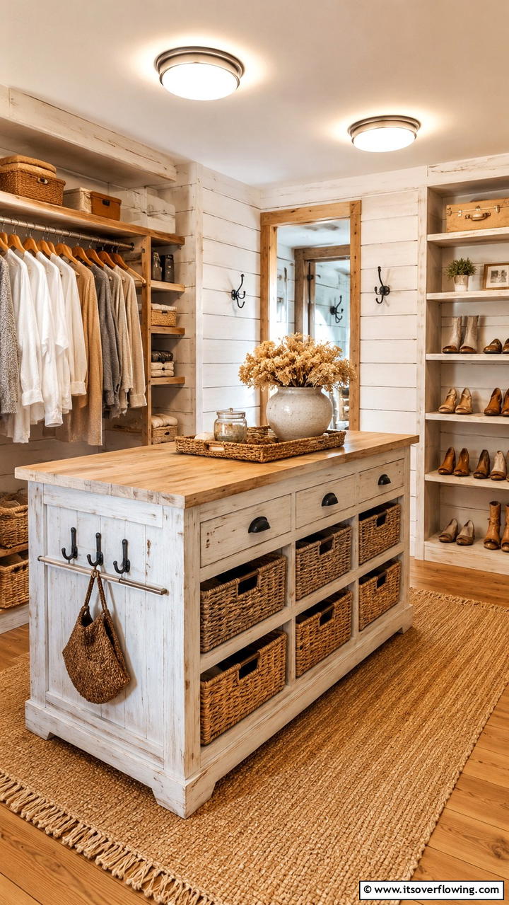 Cozy Rustic Chic Closet Island - 30 Closet Island Ideas- Luxurious Walk-In Storage Solutions