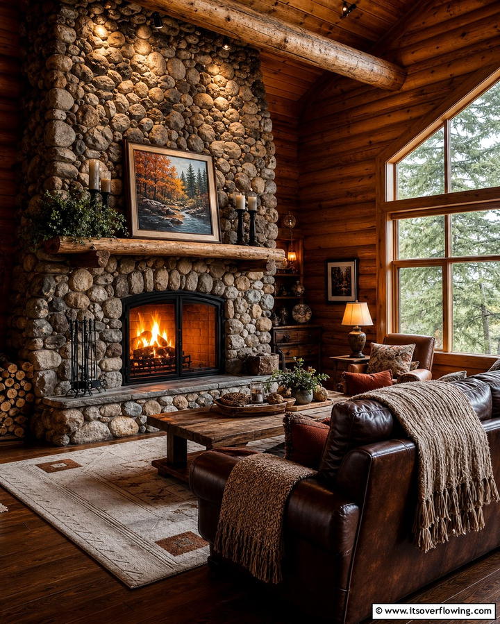 Cozy Stone Fireplace - 25 Log Cabin Interior Design Ideas for Cozy Living