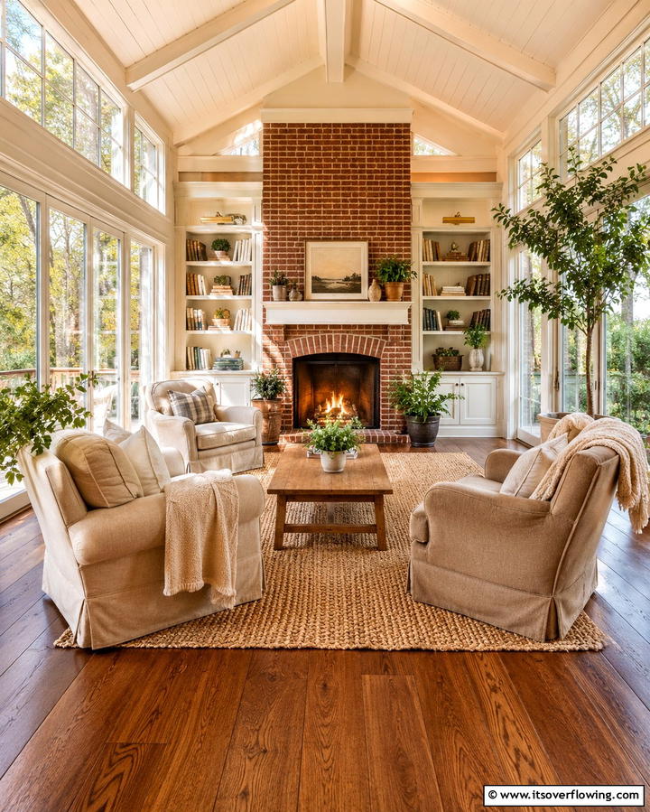 Cozy Sunlit Retreat with Classic Fireplace - 30 Sunroom With Fireplace Ideas for Year-Round Comfort