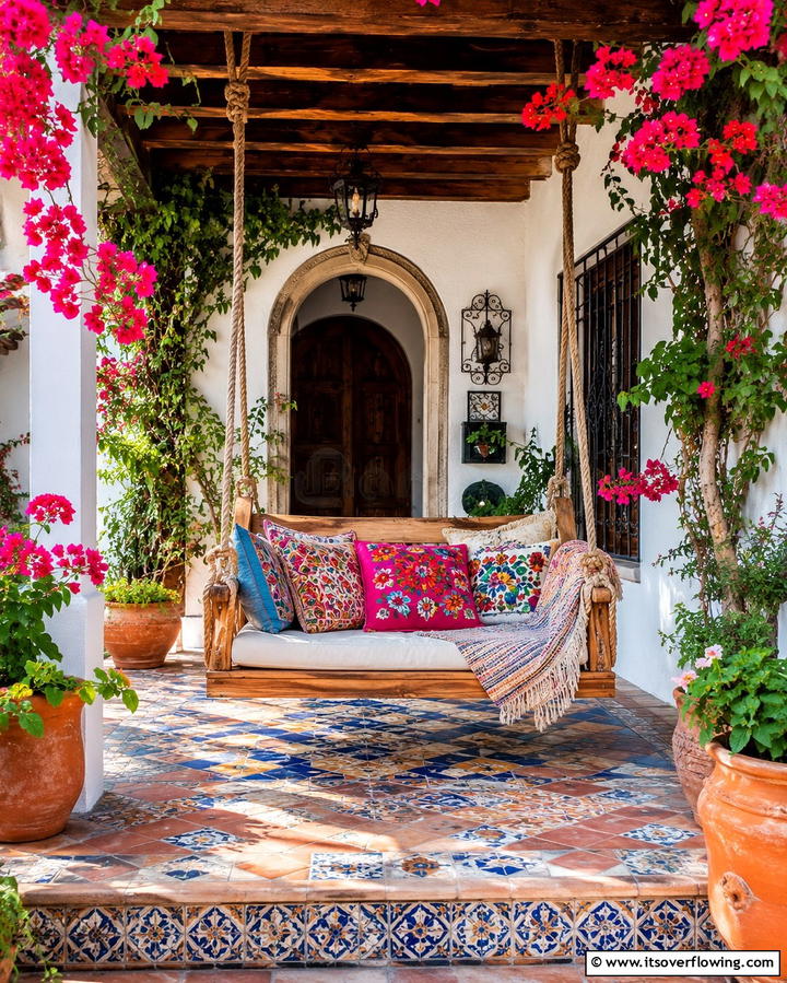 Cozy Swing Seating - 30 Spanish Style Front Porch Ideas for Mediterranean Charm