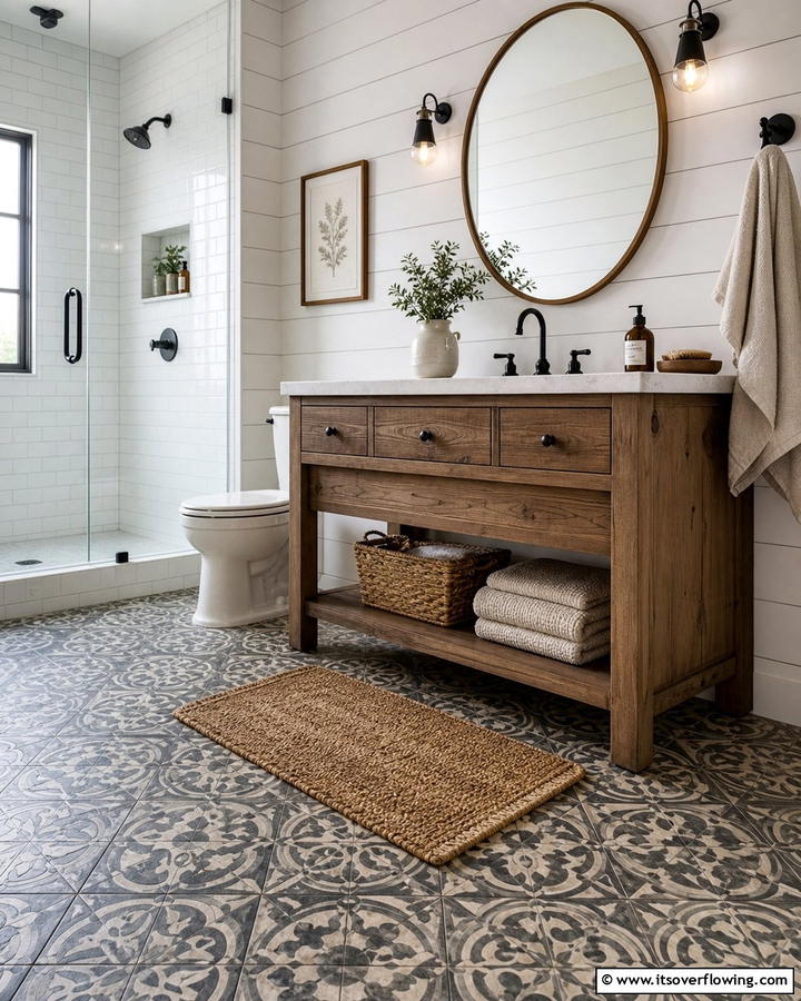 Cozy Textured Floors - 21 Modern Farmhouse Bathroom Ideas Blending Rustic Charm