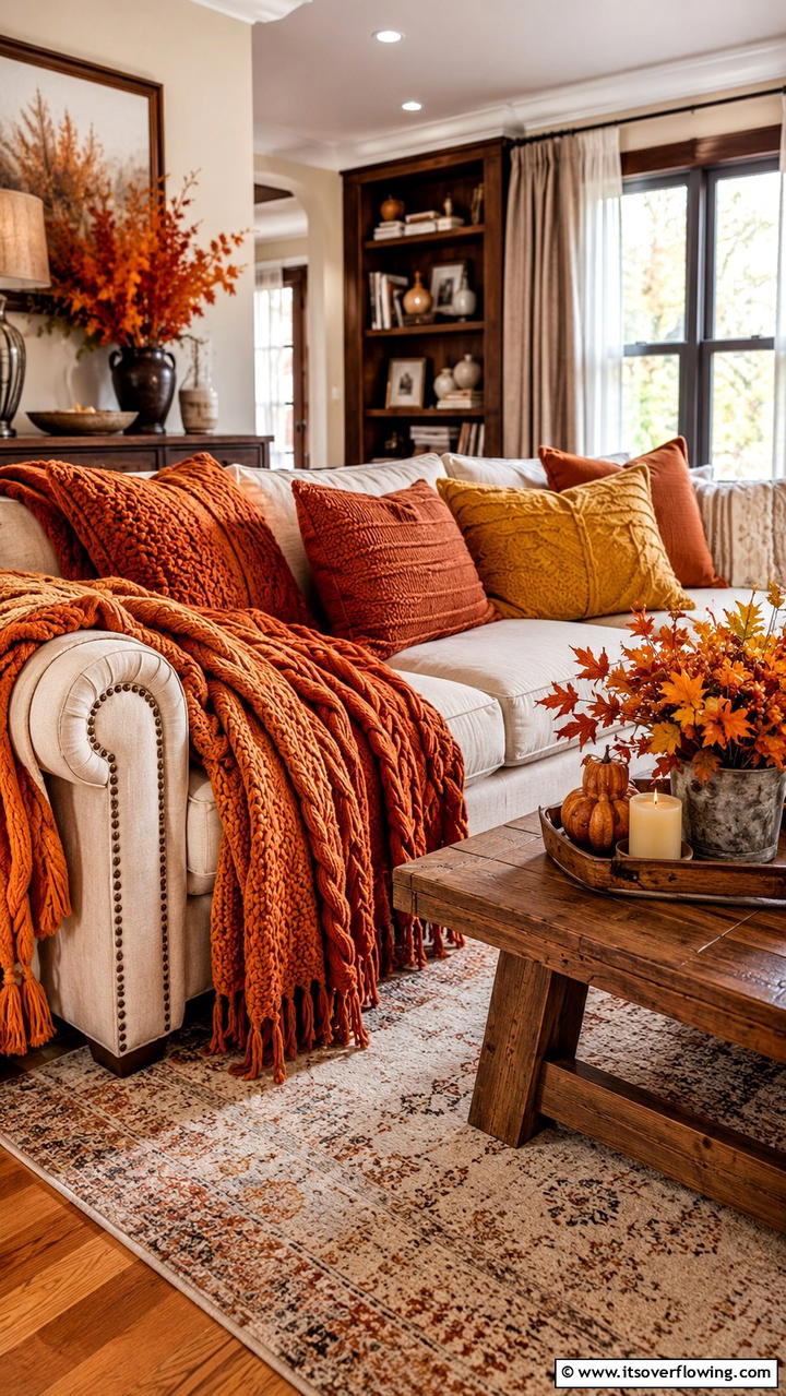 Cozy Textured Throws - 30 Cozy Fall Living Room Ideas to Embrace Autumn Vibes
