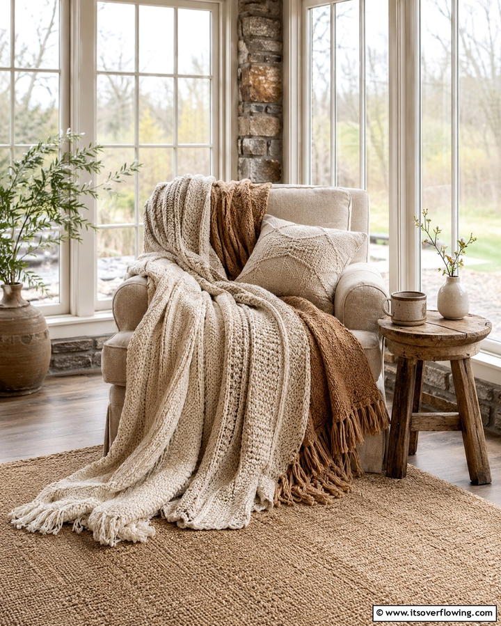 Cozy Throw Blankets for Texture - 25 Rustic Sunroom Ideas to Enjoy Nature Indoors