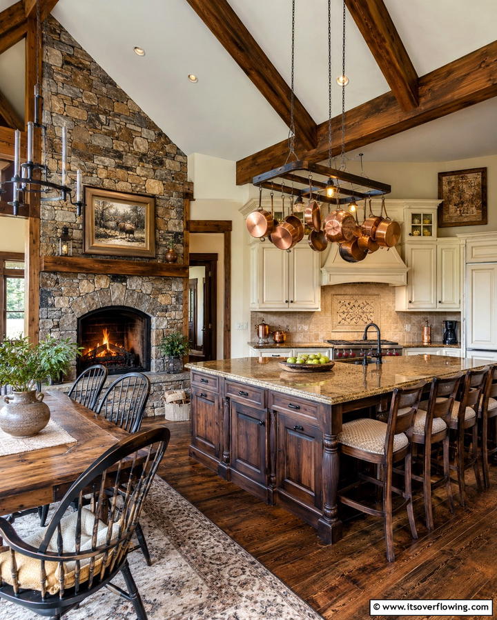 Cozy Traditional Kitchen with a Stone Fireplace - 25 Kitchens With Fireplaces for a Unique Cooking Space