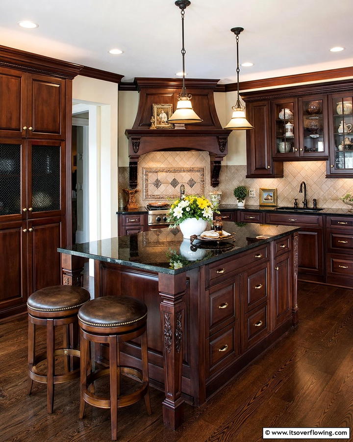 Cozy Traditional Vibe with Deep Browns - 25 Brown Kitchen Cabinets With Black Countertops