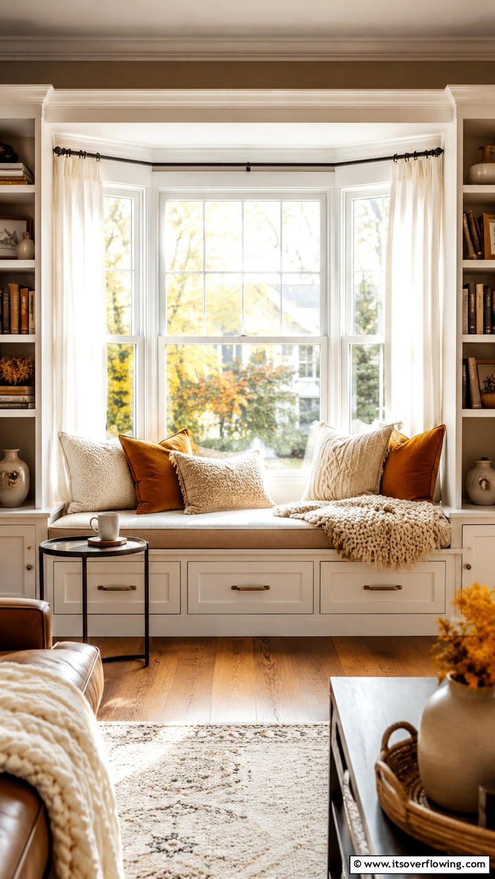 Cozy Window Seat - 30 Cozy Fall Living Room Ideas to Embrace Autumn Vibes