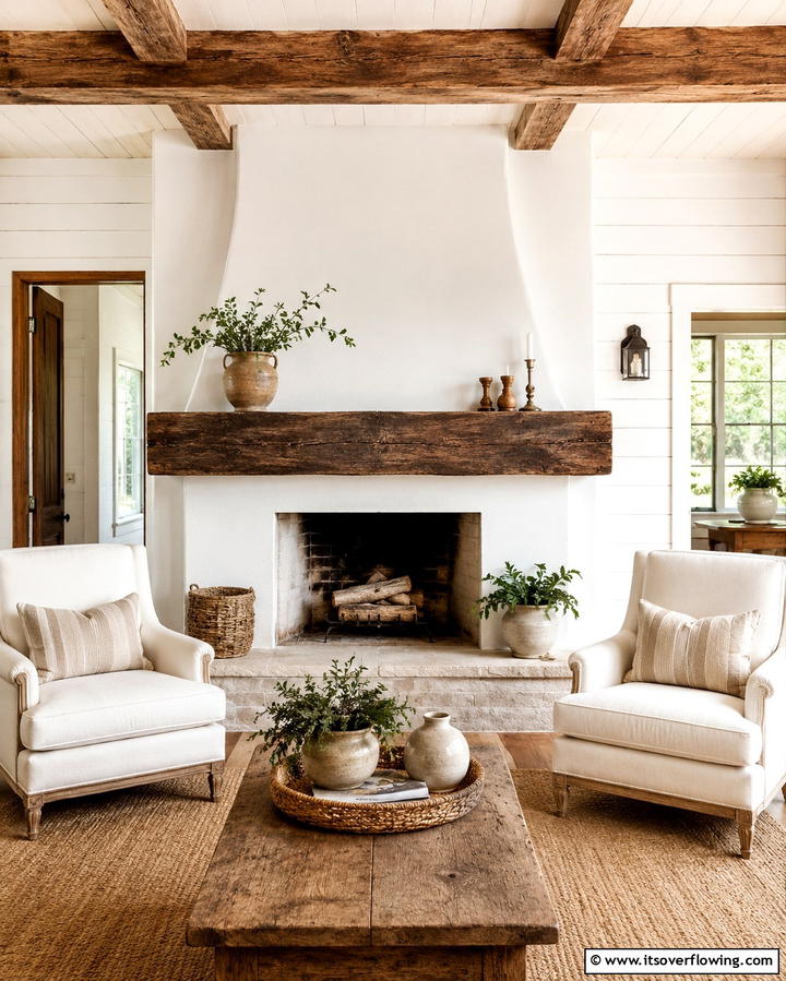 Cozy Wooden Beam Accents - 30 French Country Fireplace Ideas- Rustic Charm
