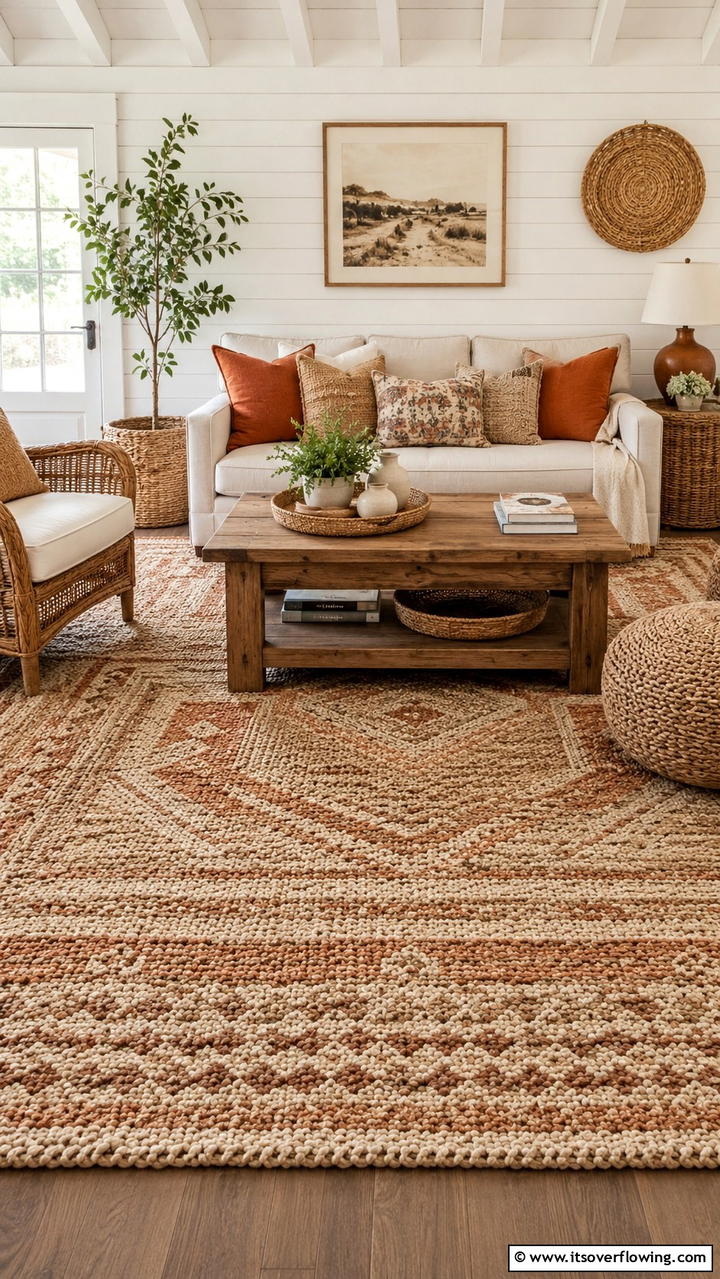 Cozy Woven Rug Appeal - 30 Cottage Living Room Ideas for Cozy Home Spaces
