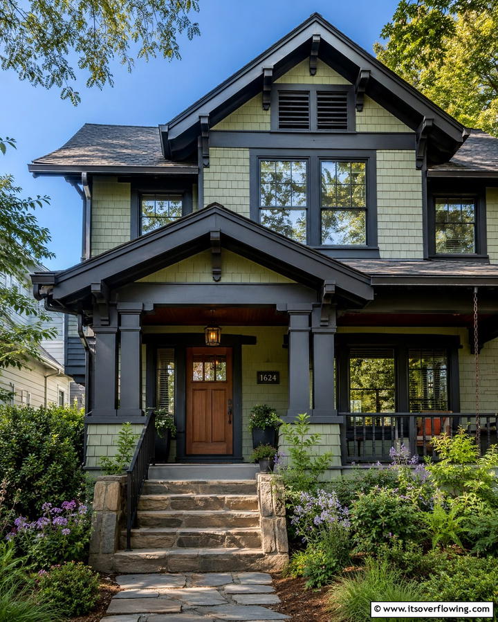 Craftsman Home Classic - 25 Sage Green House With Black Trim Ideas for Curb Appeal