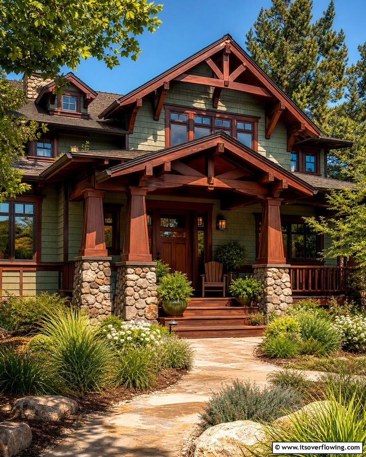 Craftsman Style with Sage Green and Mahogany Trim - 25 Sage Green House With Brown Trim Ideas for Curb Appeal