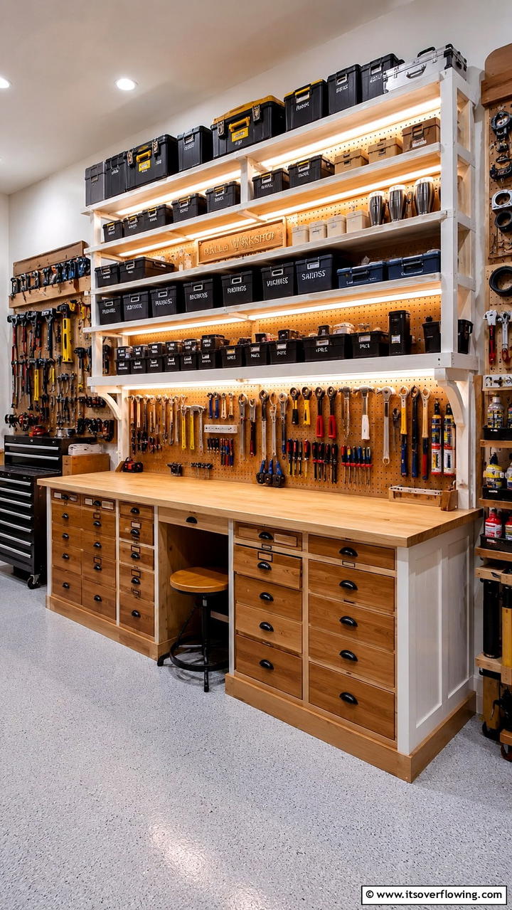 Craftsmans Workbench with Multi Tier Storage - 30 Garage Workbench Ideas for Organized DIY Spaces