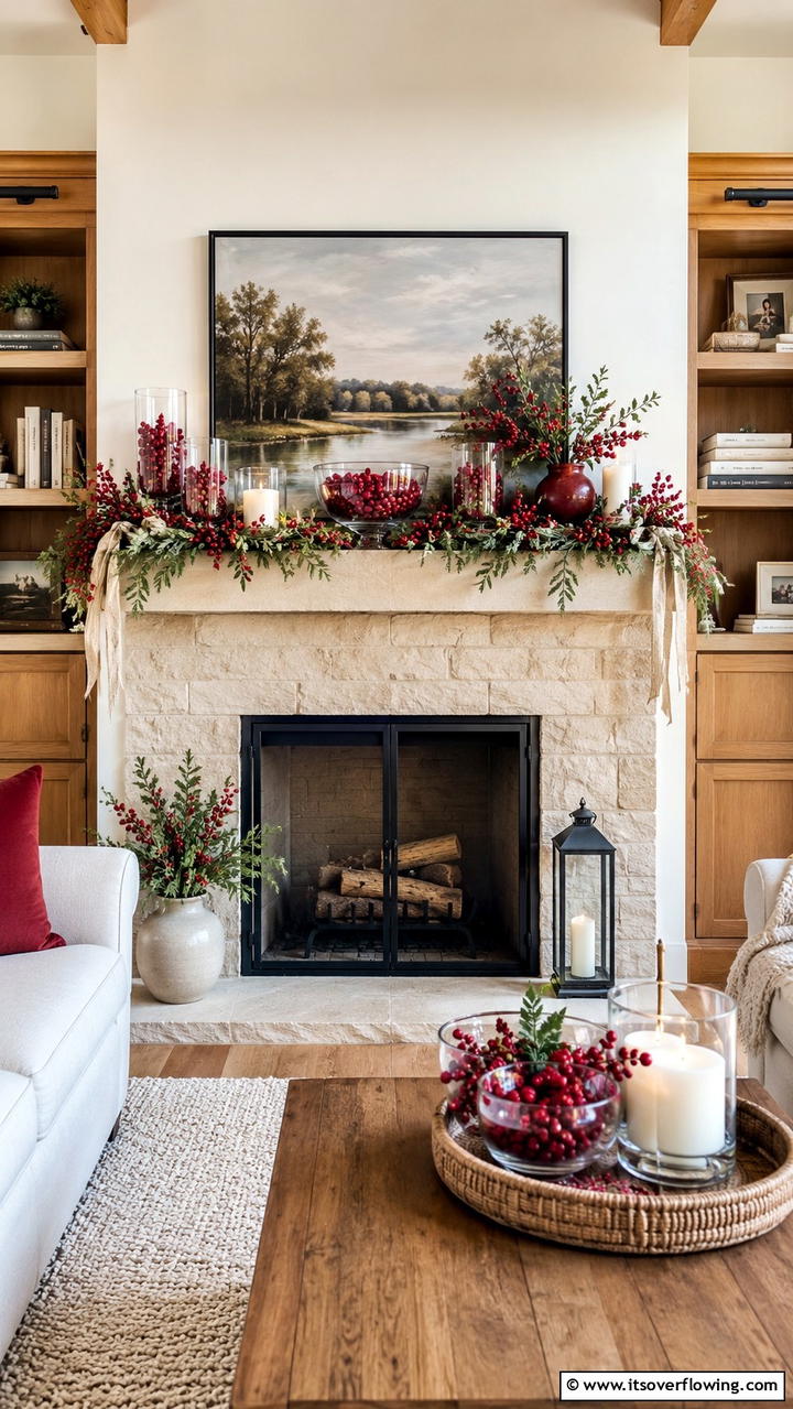 Cranberry Highlights - 30 Fall Mantel Decor Ideas for Seasonal Coziness