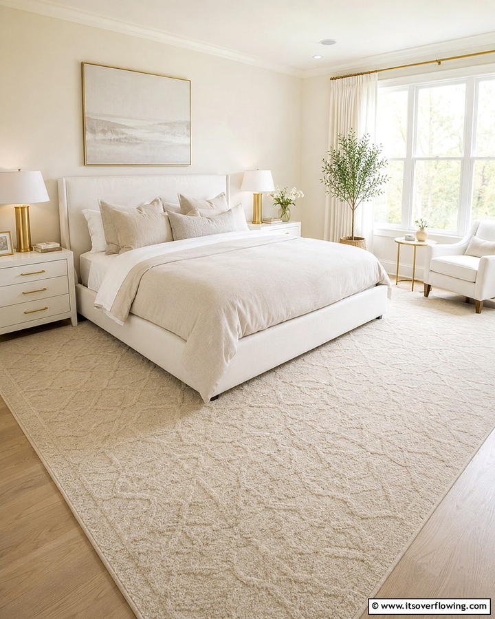 Cream Area Rug for Warmth - 20 White and Cream Bedroom Ideas for a Serene Retreat