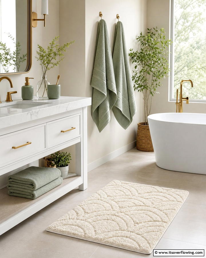 Cream Bathtub Mat with Sage Green Towels - 20 Elegant Sage Green and Cream Bathroom Ideas