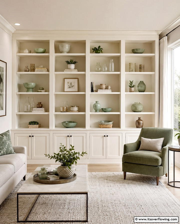 Cream Bookshelves with Sage Green Decor - 25 Sage Green and Cream Living Room Ideas for Serenity