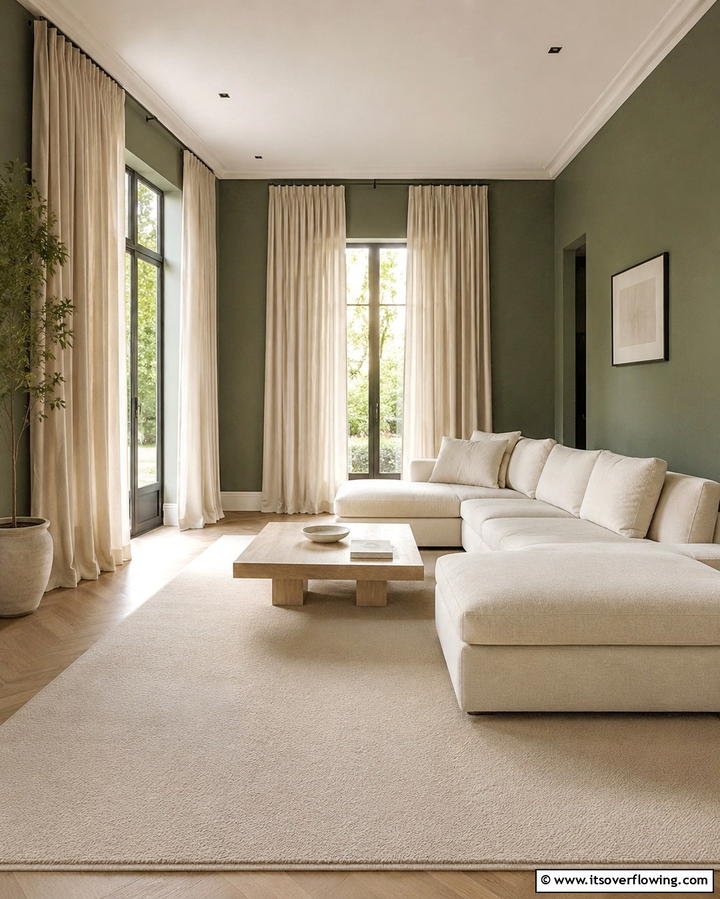 Cream Curtains Paired with Sage Green WallsOne - 25 Sage Green and Cream Living Room Ideas for Serenity