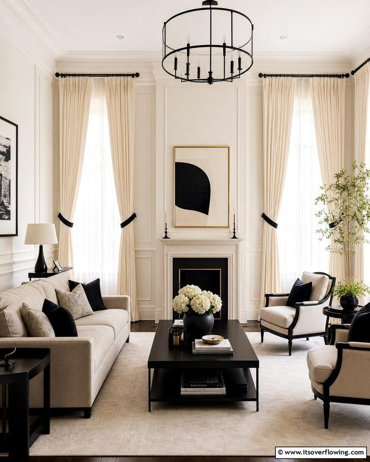Cream Curtains with Black Tiebacks - 25 Cream and Black Living Room Ideas for Elegance